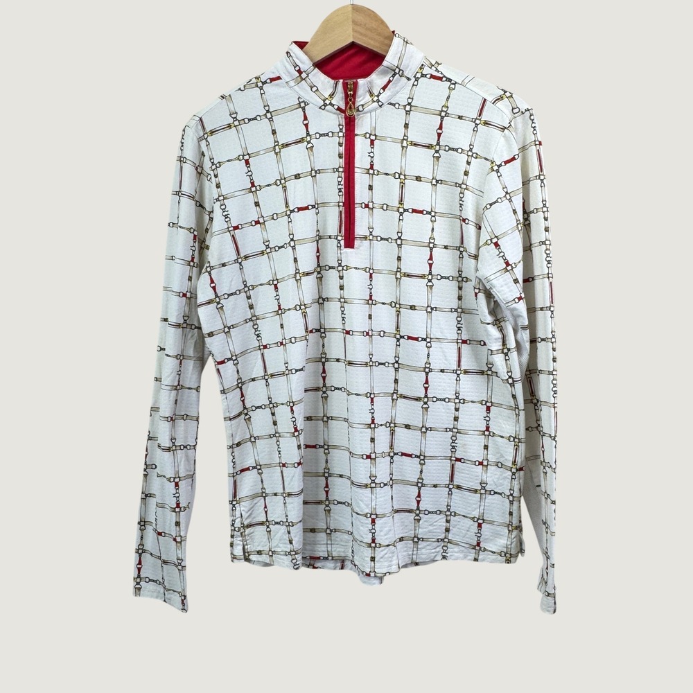 SanSoleil Golf Top L White Red Equestrian Print UV Cooling 1/4 Zip Sun Shirt
